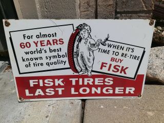 Vintage Metal 1949 Fisk Tires Sign Gasoline Gas Oil W/ Child Veribrite Signs Usa