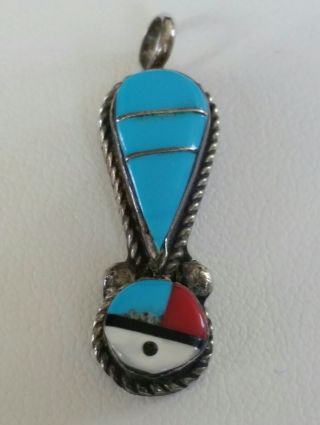 Zuni Sterling Silver Mother Of Pearl Turquoise Coral Pendant