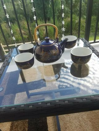 Vintage Japanese Tea Set Blue Teapot And 4 Cups Flower Peacock Design.