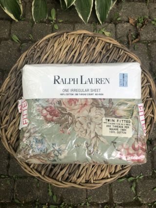 Vtg Twin Flat Ralph Lauren Charlotte Bed Sheet Green Sage Floral Pink Roses Usa