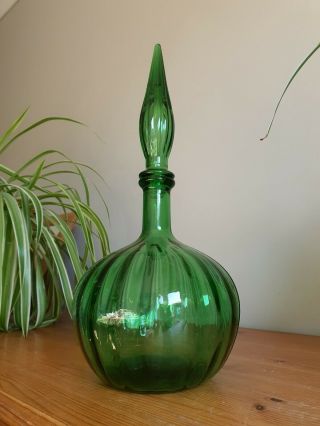 Vintage Green Genie Decanter Onion Bottle Ribbed Tall Stopper