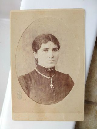 Antique Cabinet Card Photo Somber Looking Lady Cross Necklance & Pin