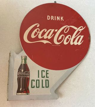 Vintage 1952 Double - Sided Drink Coca Cola Flange Metal Sign Ice Cold -