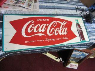 Coca Cola Tin Sign Rare Coke Sign Vtg Bottle Fishtail Logo Pop Store