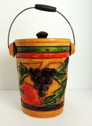 Vintage Folk Art Wood Ice Bucket Hand Carved Barware Colorful Farmhouse Organize