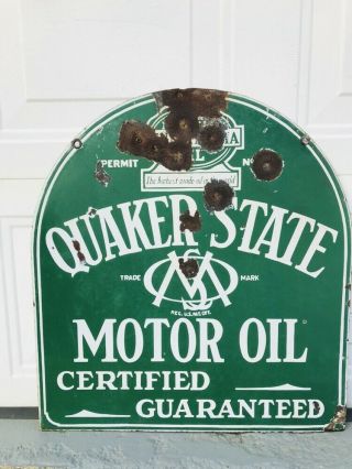Vintage 1930s Quaker State Tombstone Double Sided Porcelain Sign