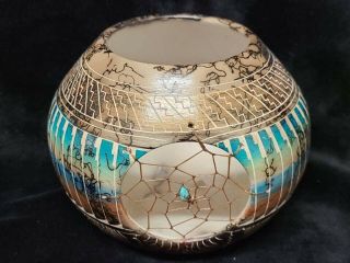 Native American Navajo Horse Hair Painted Dream Catcher Pottery Vase - Signed
