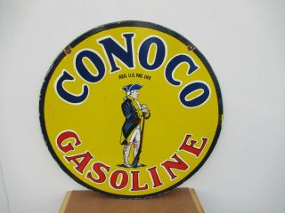 30 " Conoco Minuteman Gasoline & Oil Porcelain Sign Heavy Metal