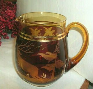 Vintage Red & Amber Bohemian Glass Pitcher,  Etched Stag And Trees