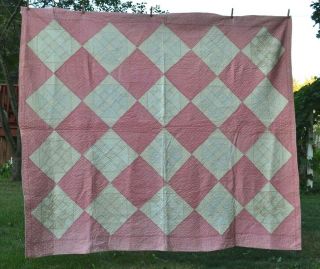 Handmade Patchwork Quilt,  Vintage,  66 " X 77 ",  Pink & White