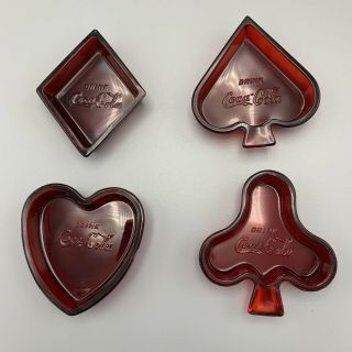 Drink Coca Cola Vintage Rare Ruby Red Glass Ashtrays Card Suits Set Snack Dish