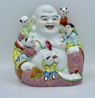 Vintage 8” Chinese Porcelain Happy Buddha With Children - Floral Feng Shui
