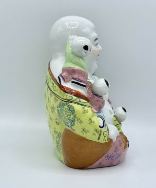VINTAGE 8” Chinese Porcelain Happy Buddha With Children - Floral Feng Shui 2