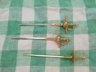 3 Vintage Miniature Toledol Spain Cocktail Tooth Picks Brass Metal Swords
