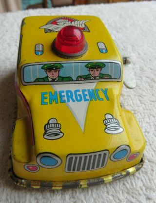 Vintage Made In Japan Tin Litho Windup " Emergency " Police Car Graphics Work