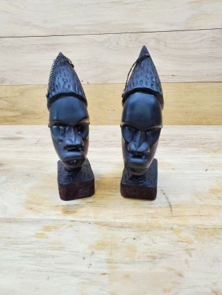 2 Carved Wooden African Head Figurines Dark Wood Folk Art Busts 9 " Tall