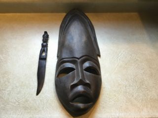 2 Vintage Hand Carved Wood African Mask & Tribal Head Letter Opener Knives Set