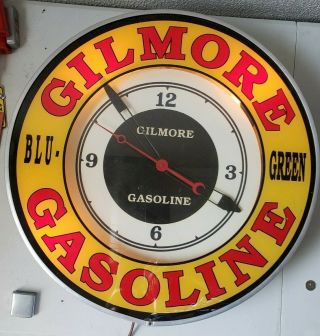 Vintage Gilmore Gas Oil Lighted Advertising Sign Clock Displays Very Well