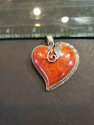 Large Vintage Red Coral Sterling Silver Heart Pendant Marked 925 Tau