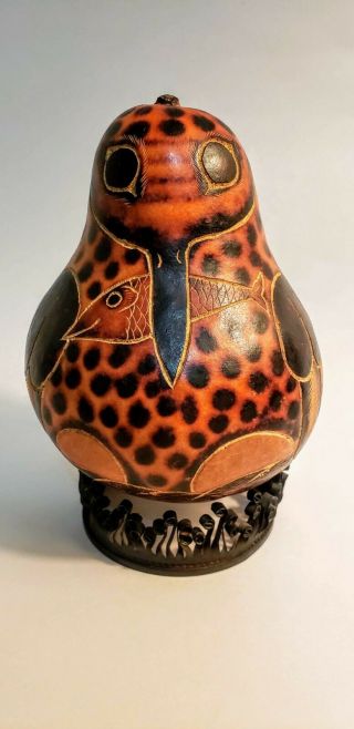 Hand Carved Bird Gourd With Handmade Stand Peruvian Folk Art In Shades Of Brown