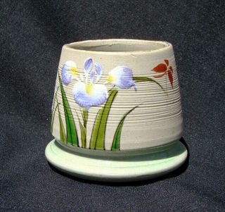 Banko Ware Japanese Art Pottery Match Holder Hand Enameled Iris & Butterfly