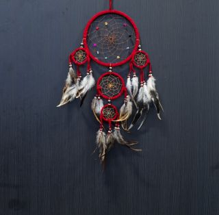 Dream Catcher Red Wall Hanging Decoration Ornament Bead Feathers Suede 18 - 22 "