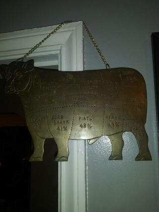 Vintage Butcher Shop Beef Cuts Meat Cow Solid Brass Sign Wall Hanging Chart 12 "