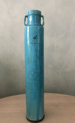 Vintage Turquoise Raku Pottery Crackled Spider Web Vase Signed H 14 "