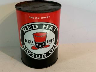 Rare Vintage Red Hat Motor Oil Can Empty 1 Quart Metal Red White Black Top Hat