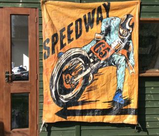 Speedway Biker Motorbike Racing Banner Vintage 70s Advertising Wall Art