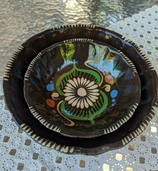 Vintage Mexican Terracotta Pottery Two Nesting Bowls Brown Glaze Slipware