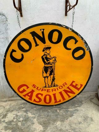 Conoco Gasoline Superior Large 60 Inches Porcelain Enamel Sign Single Side