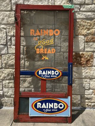 Rare 30 - 40s Rainbo Is Good Bread Grocery Store Screen Door & Push Signs