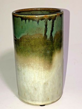Vintage Handcrafted Studio Art Pottery Glazed Vase In Cylinder Shape Brown/green