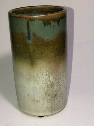 Vintage Handcrafted Studio Art Pottery Glazed Vase in Cylinder Shape Brown/Green 2