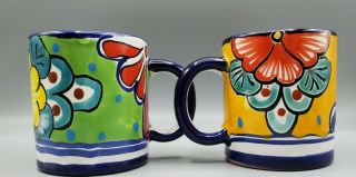 Mexican Coffee Tea Mug Folk Art Pottery Red Clay Hand Painted Floral Signed 3