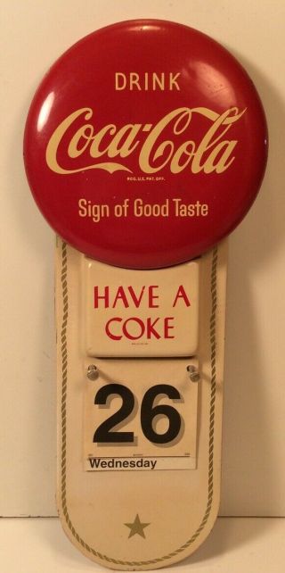 Rare Vintage Coca Cola Calendar Red Button Tin Metal Sign Coke 1958