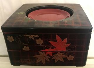 Vintage Square Black Red Lacquer Bento Box Jubako Container Collectible 4 Plates
