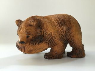 Japanese Wooden Bear Statue Okimono Vtg Hand Carving Salmon Interior T092