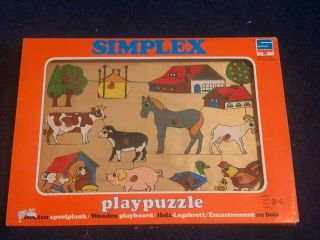 Vintage Farm Animals Lift W/ Knobs Play Wooden Puzzle By Simplex Toys