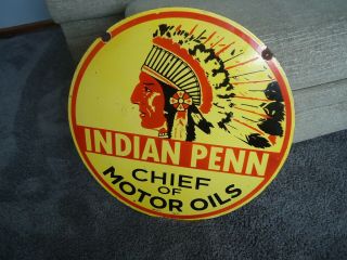 24 " Double Sided 1937 Indian Penn Motor Oil Porcelain Enamel Sign - Make Offer