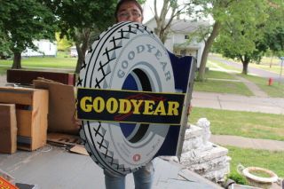 Large Goodyear Tires Gas Station 2 Sided 36 " Porcelain Metal Flange Sign