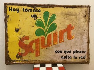 Vintage Spanish Squirt Soda Pop Gas Station Embossed Metal Sign
