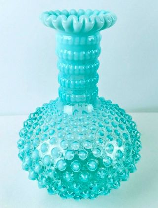Vintage Fenton Blue Opalescent Lamp Base Vase Hobnail Ruffled Milk Glass Top 8 " H