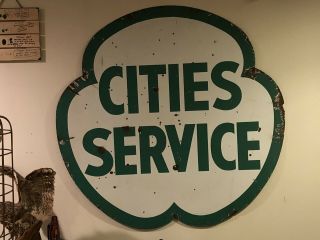 Vintage Cities Service Double Sided Porcelain Enamel Sign Clover Gas