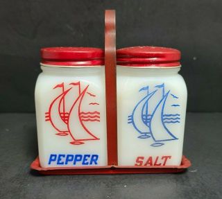 Vintage Hazel Atlas Sailboat Milk Glass Salt & Pepper Shaker Set W/metal Holder