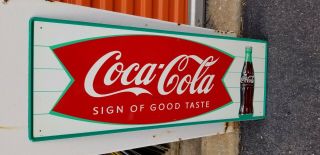 Nos 1964 Vintage Coca Cola Old Fishtail Logo & Bottle 31.  5x12 Tin Sign B