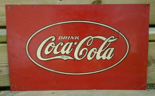 Vintage Embossed Coca - Cola Sign Painted Metal Retail Display Signage