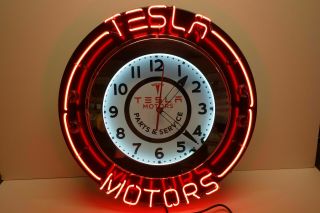 Tesla Dealership Neon Clock.  Pristine &.  24 " Diameter