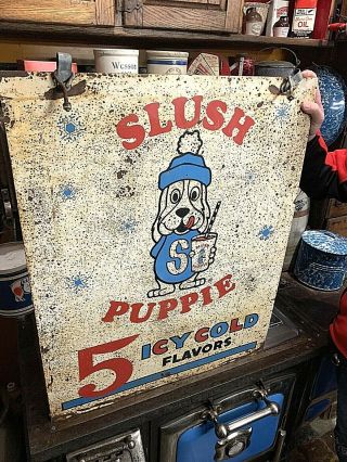Vintage LG 30X24 Slush Puppie Frozen Beverage Drink Soda Pop Metal Sign W/ Dog 3